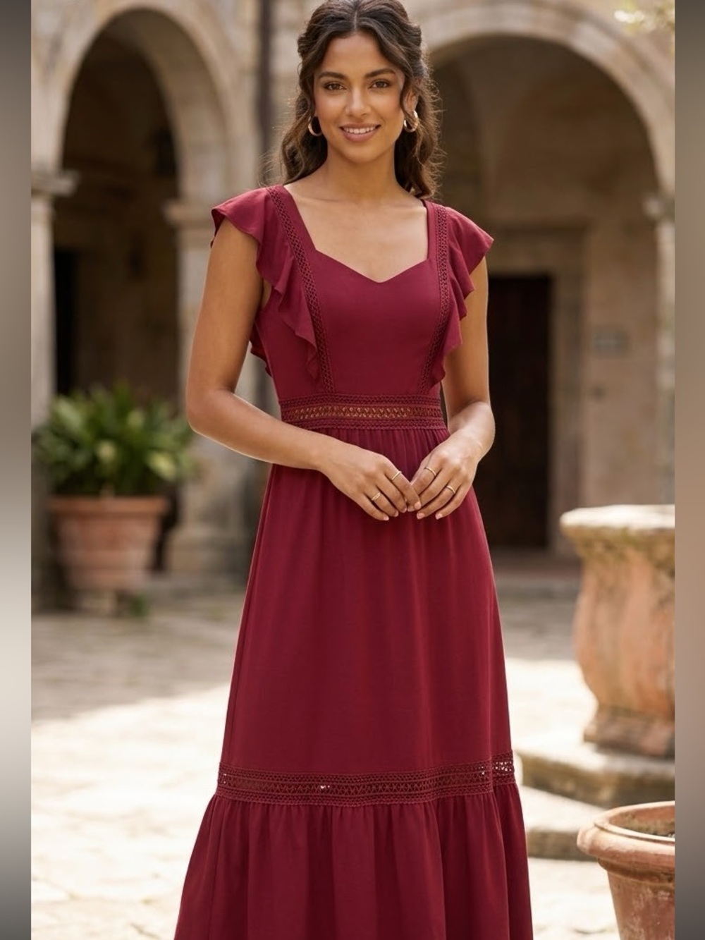 Rush Red Ruffle Sleeve Crochet Waist Maxi Dress M⁠